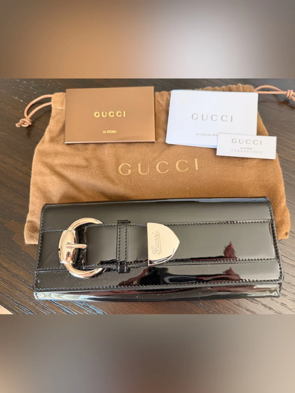 Gucci Black Patent Leather Buckle Card Holder
